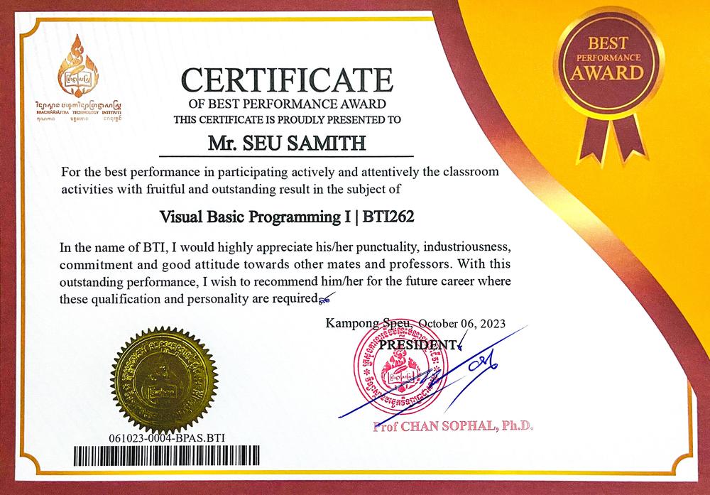 Visual Basic Programming I certificate image